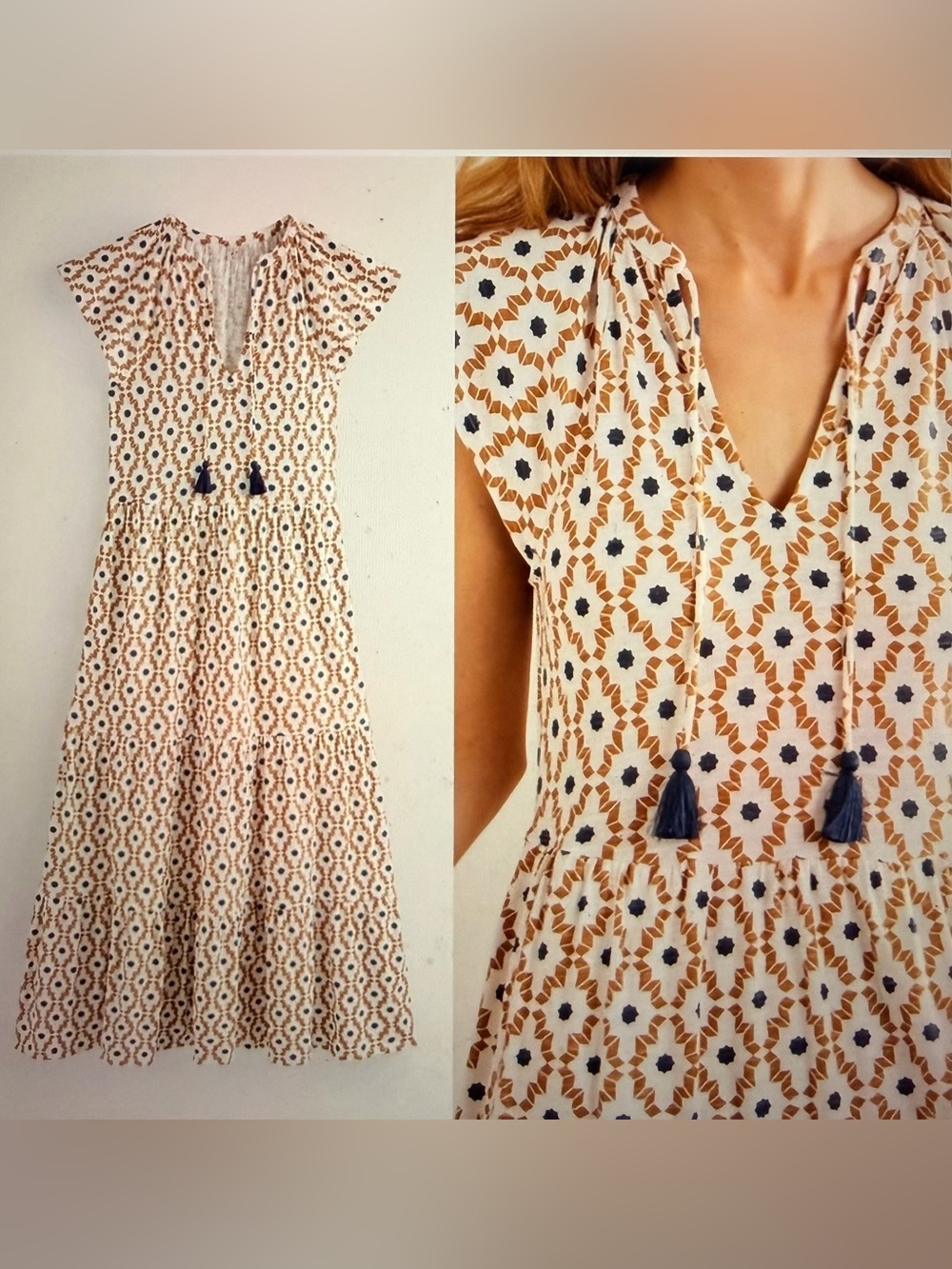 Boden Tiered Jersey Midi Dress in Dorset Cream/Geo Diamond Size 6R